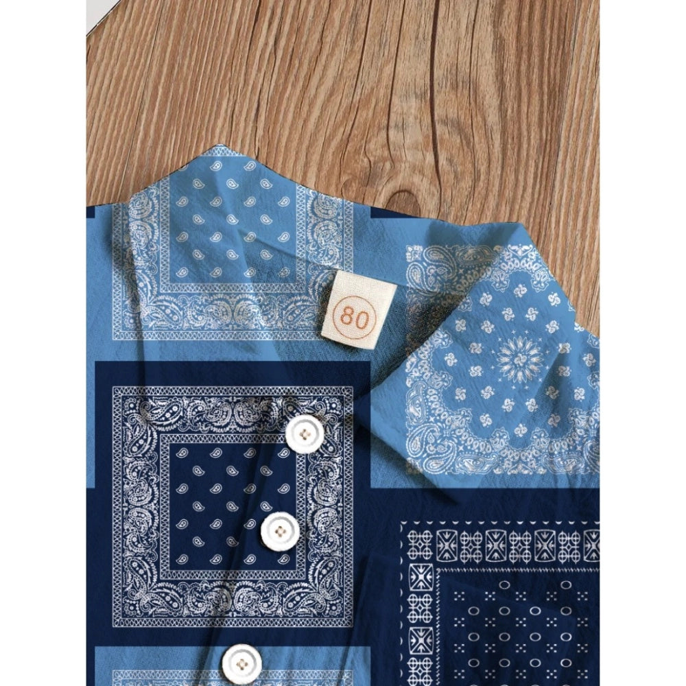 Blue twill cotton printed short sleeve shirt and shorts set for boys, collar neck and short sleeves, vibrant design on display