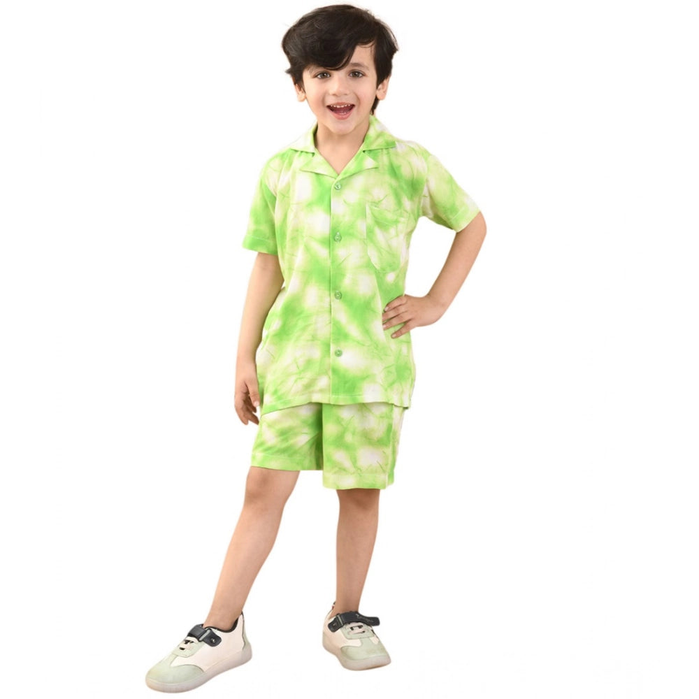 Bottle Green twill cotton printed shirt-short set for boys, collar sleeve type, vibrant pattern visible