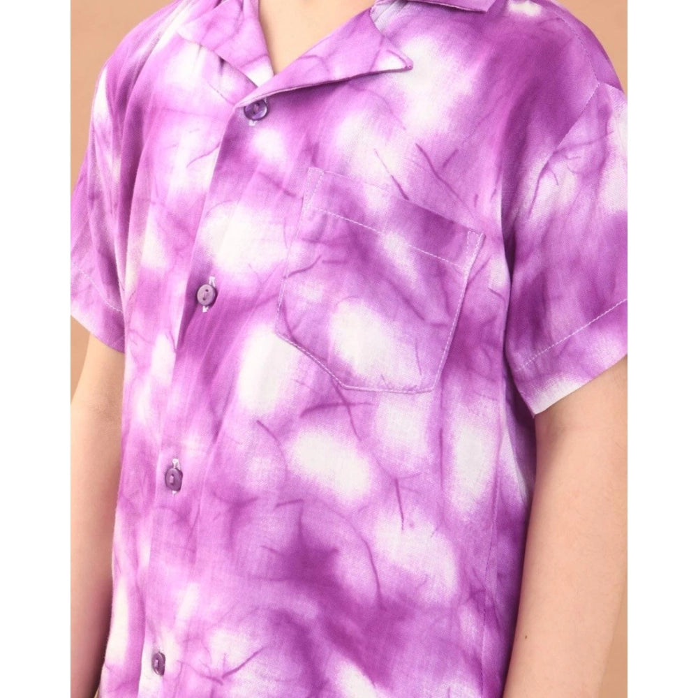 Pink twill cotton printed short sleeve shirt and shorts set for boys, collar neck with short sleeves