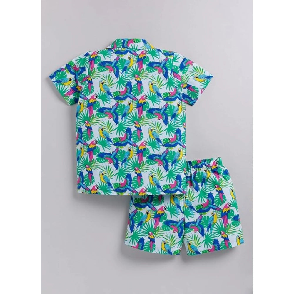 Multicolor twill cotton boys' shirt-short set, printed with vibrant patterns