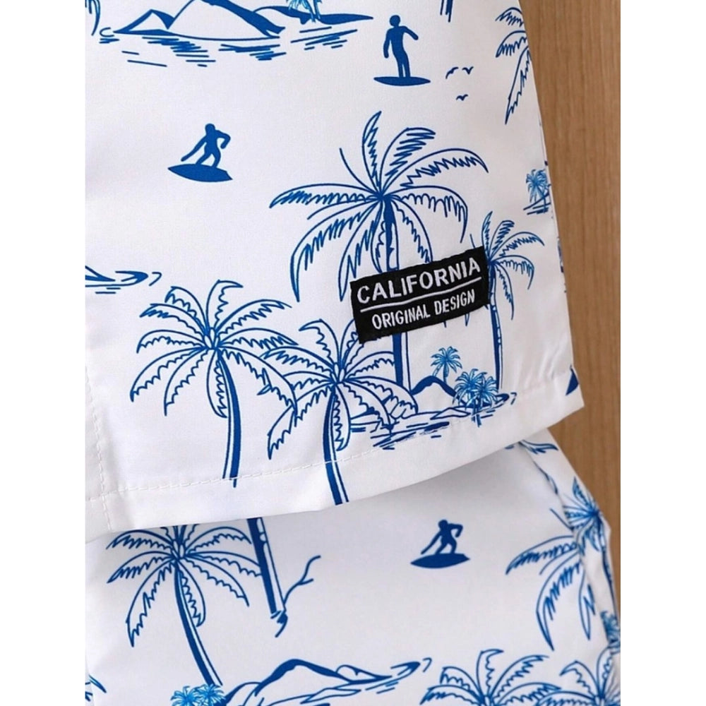 Blue twill cotton printed short sleeve shirt & shorts set for boys, collar neck & short sleeves, vibrant pattern design