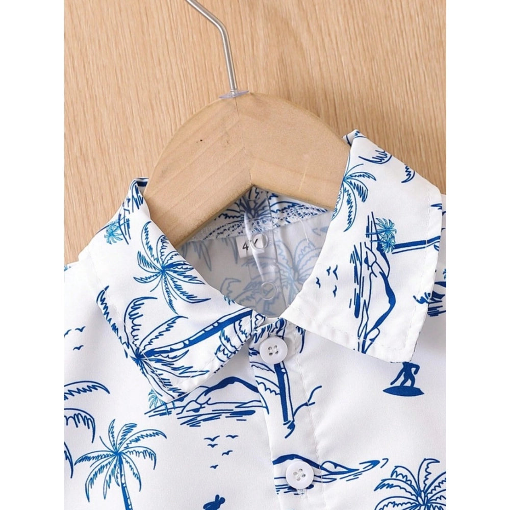 Blue twill cotton printed shirt-short set for boys, collar sleeve style on display