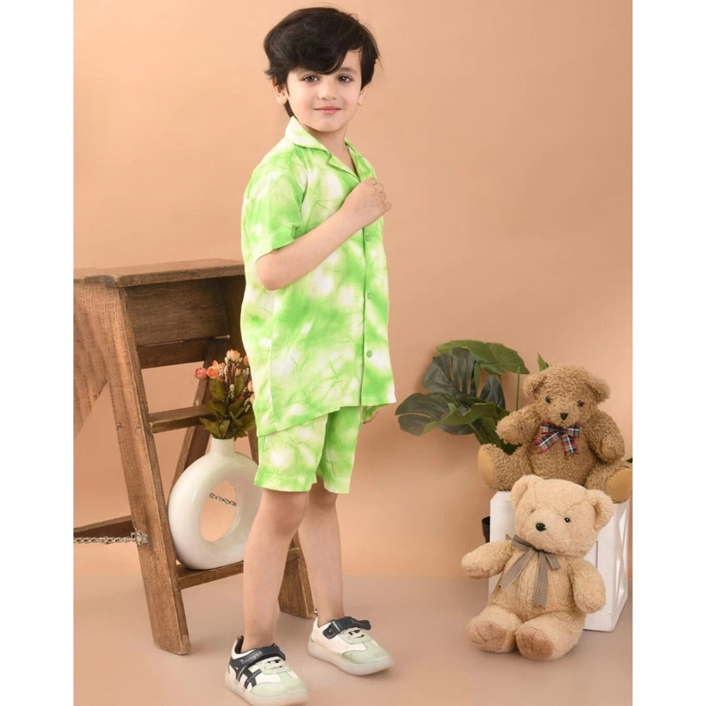 Bottle green twill cotton printed short sleeve shirt & shorts set for boys, vibrant pattern on display