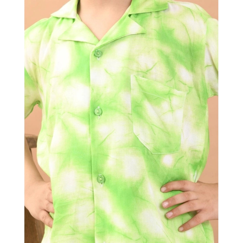 Bottle Green twill cotton printed short sleeve shirt and shorts set for boys, collar neck and short sleeves on display