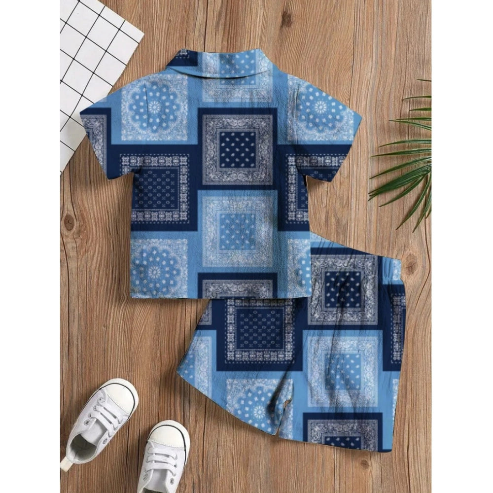 Blue twill cotton printed short sleeve shirt & shorts set for boys, collared and short-sleeved apparel on display