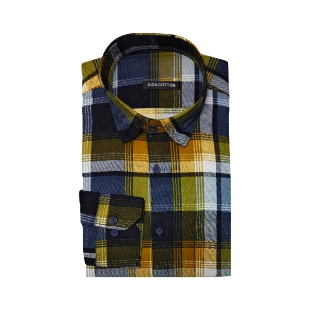 Yellow cotton lycra men's checked casual shirt on hanger