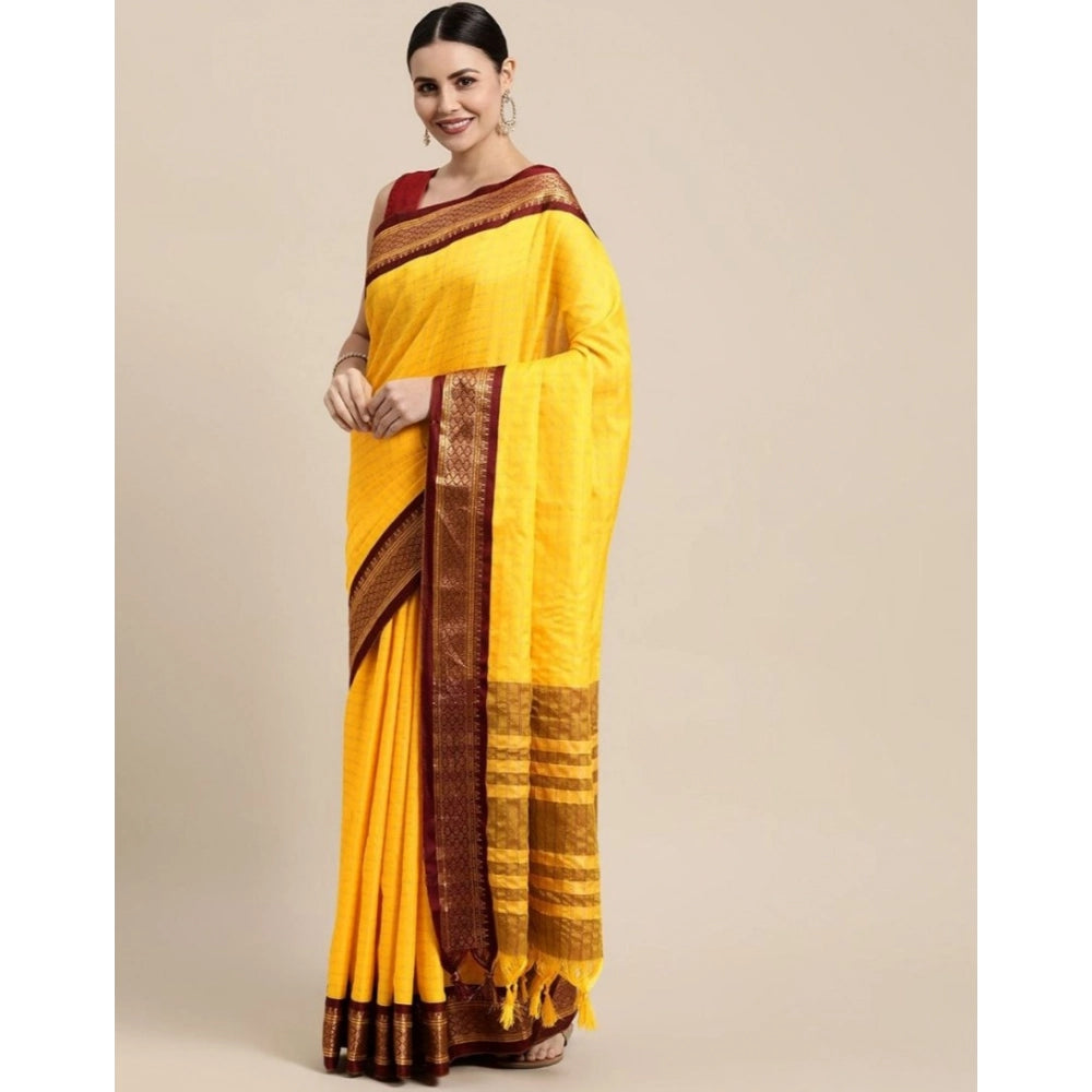 Yellow cotton silk checkered saree with unstitched blouse, vibrant Indian women's fashion