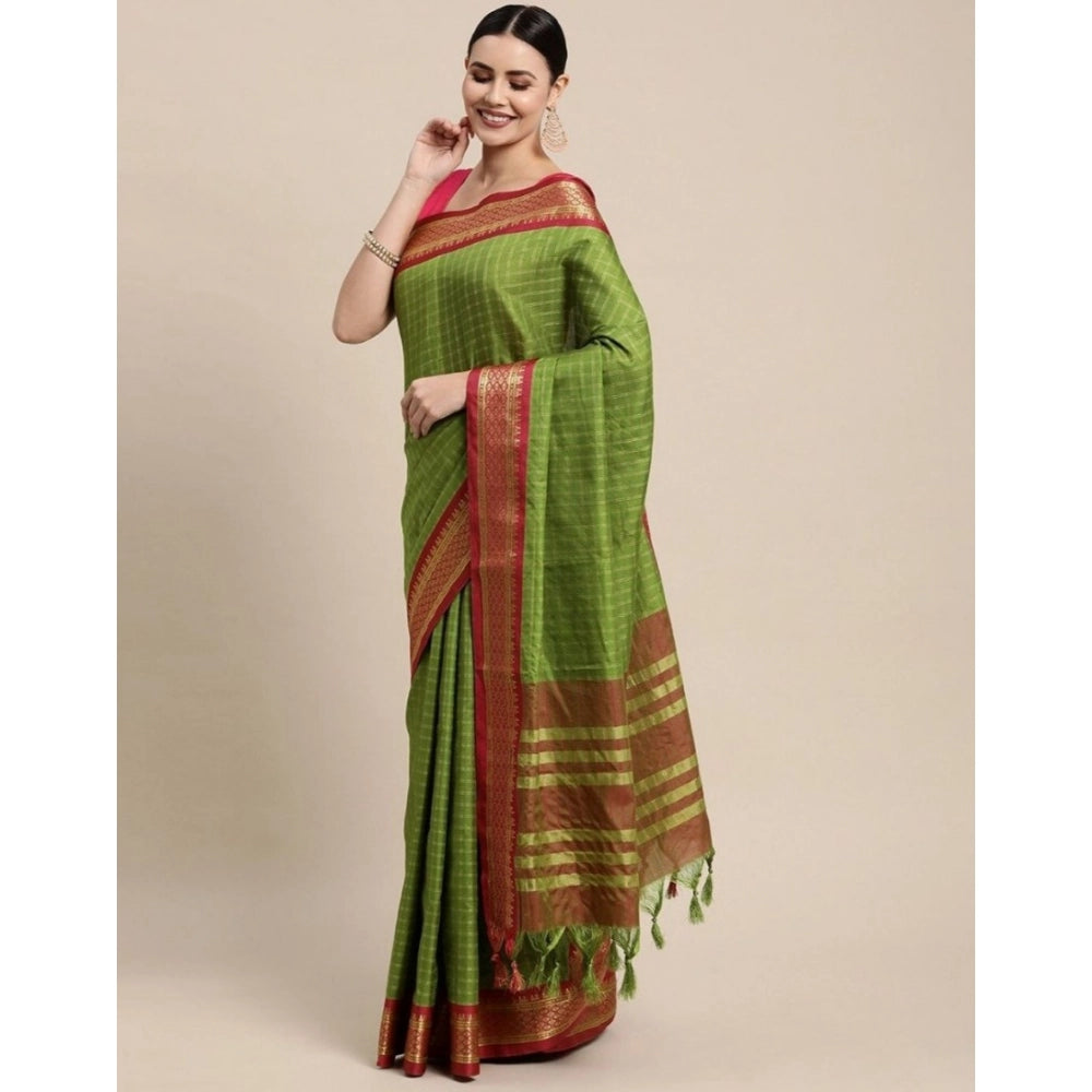 Mehendi-colored cotton silk checkered saree with unstitched blouse (5.5mtr), traditional Indian fashion wear on model