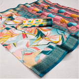 Multi-colored cotton silk printed saree with unstitched blouse, vibrant Indian fashion accessory for women on display