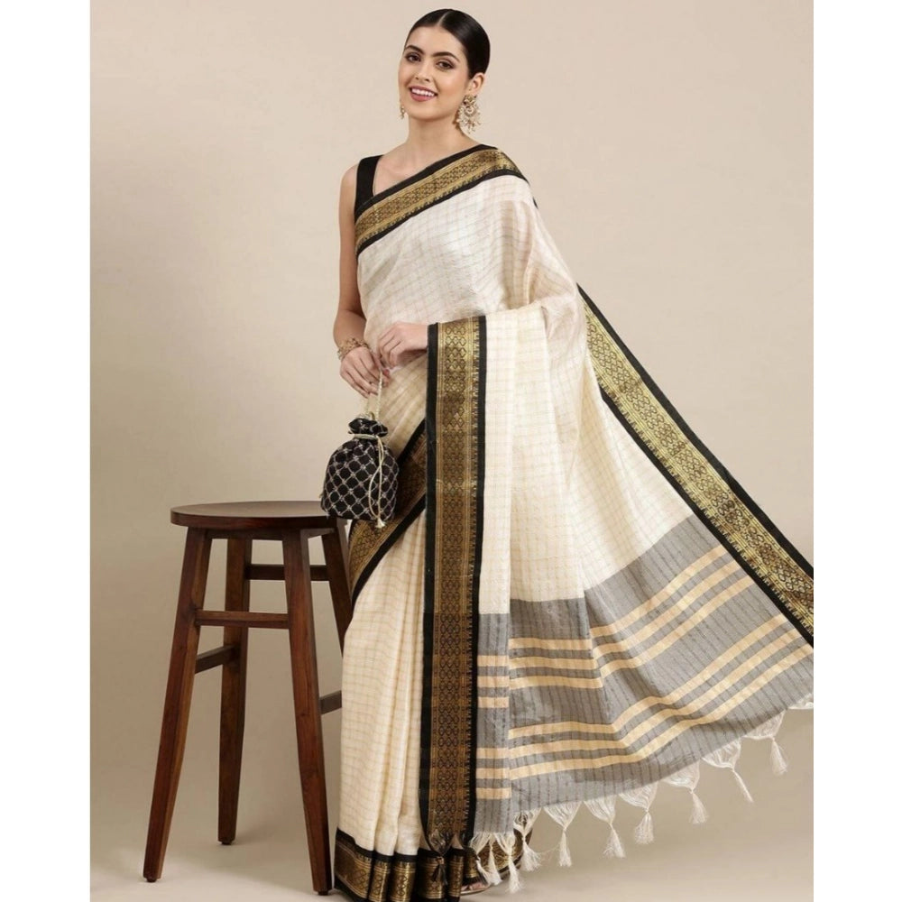 Black cotton silk checkered saree with unstitched blouse (5.5mtr)