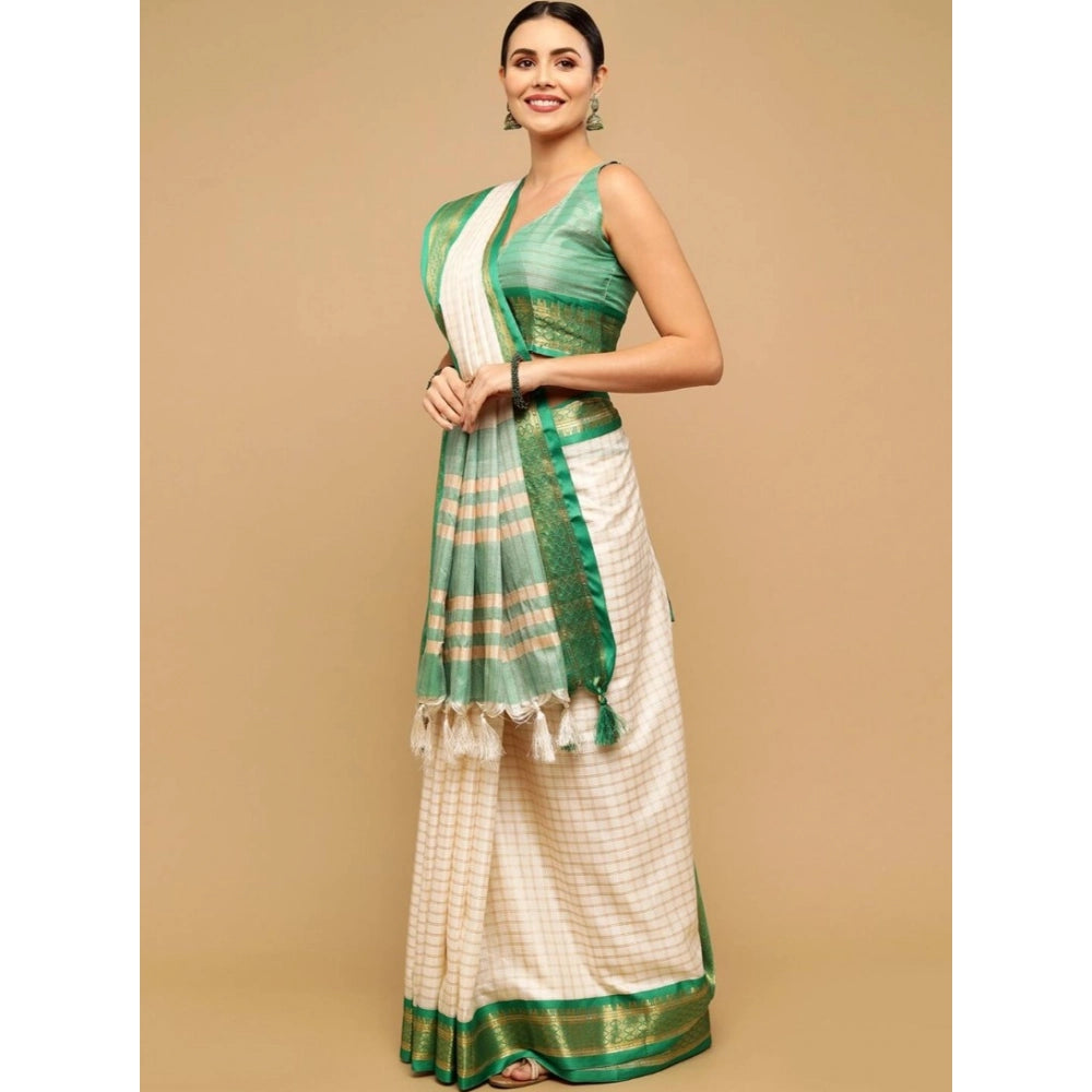 Green cotton silk checkered saree with unstitched blouse (5.5mtr), traditional Indian women's attire