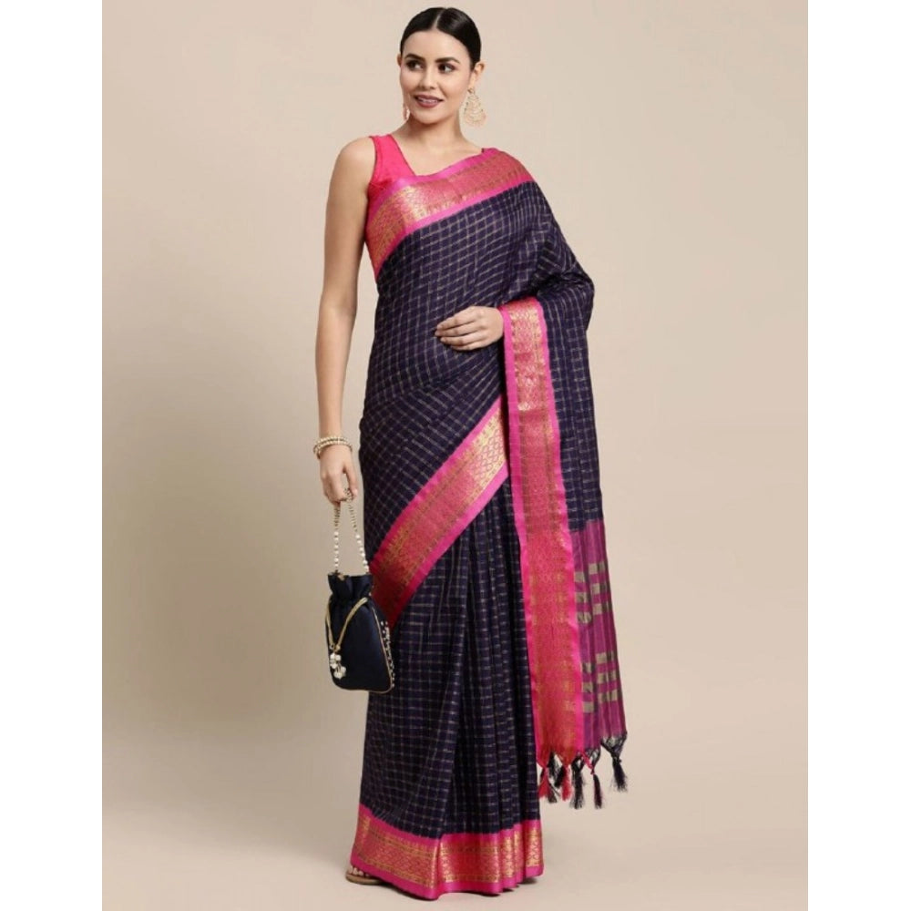 Navy Blue cotton silk checkered saree with unstitched blouse, 5.5mtr - traditional Indian women's attire on display