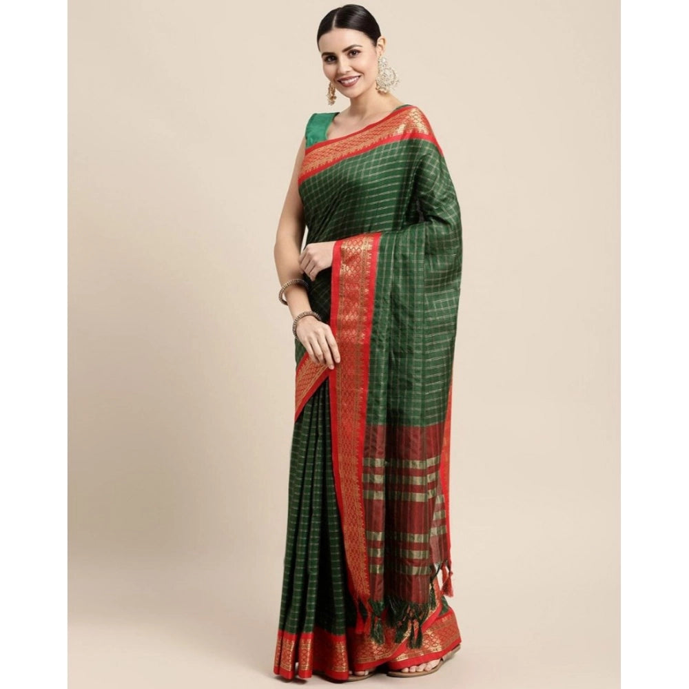 B Green cotton silk checkered saree with unstitched blouse, 5.5Mtr