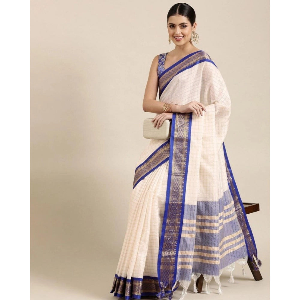 R Blue cotton silk checkered saree with unstitched blouse, 5.5mtr