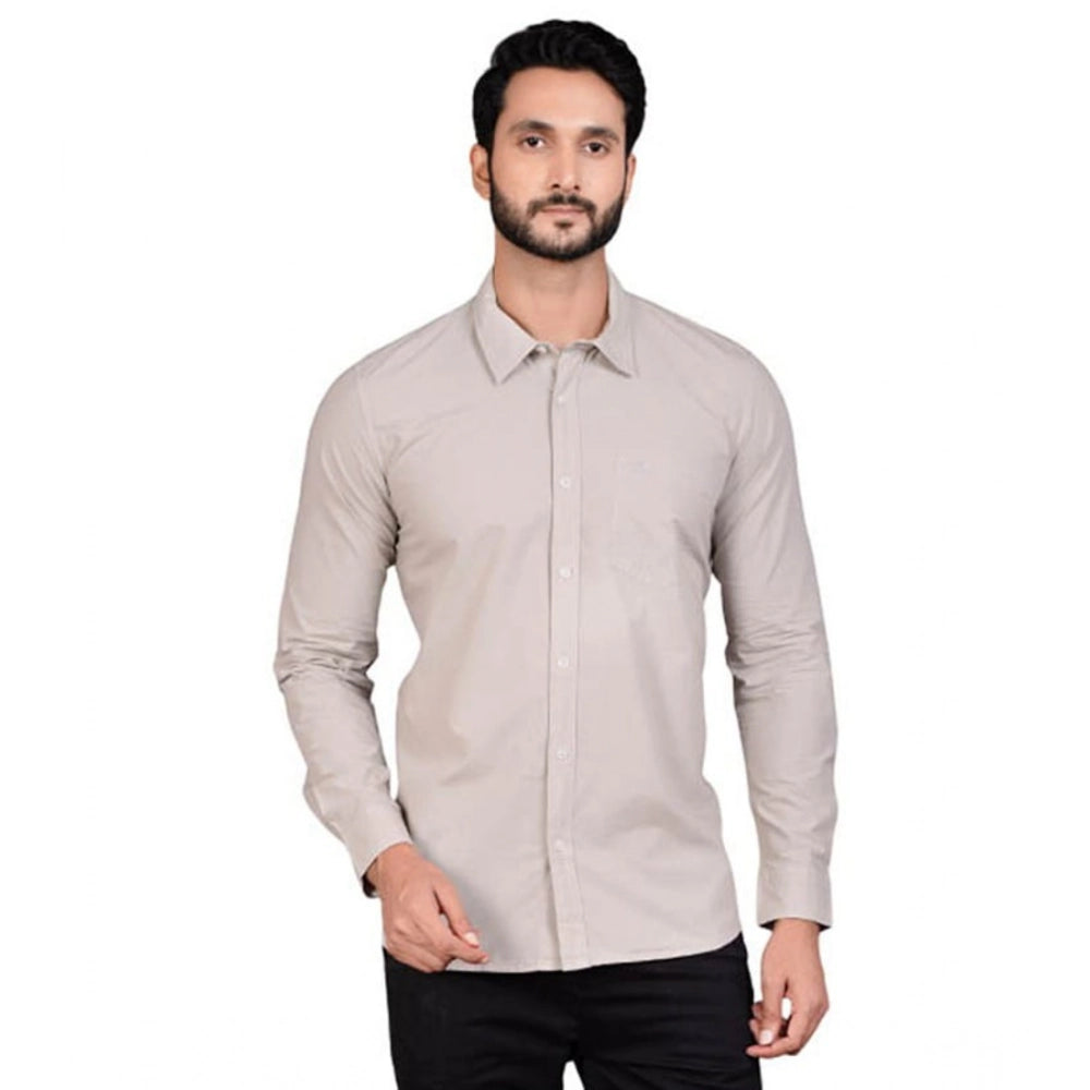 Grey cotton men's casual full sleeve solid shirt with mandarin collar, ideal for everyday wear
