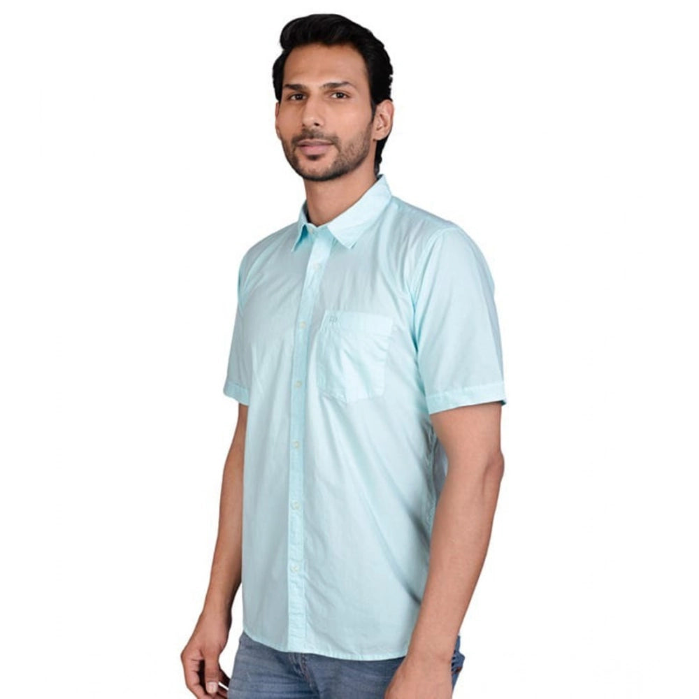 Turquoise cotton men's casual half sleeve solid shirt - vivid color, comfortable fit