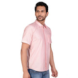 Peach cotton men's casual half-sleeve solid shirt, comfortable fit with mandarin collar