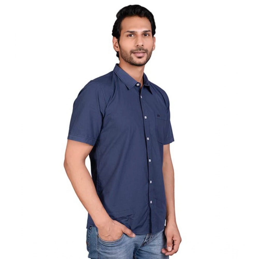 Navy cotton men's half sleeve solid shirt, casual wear with mandarin collar on display