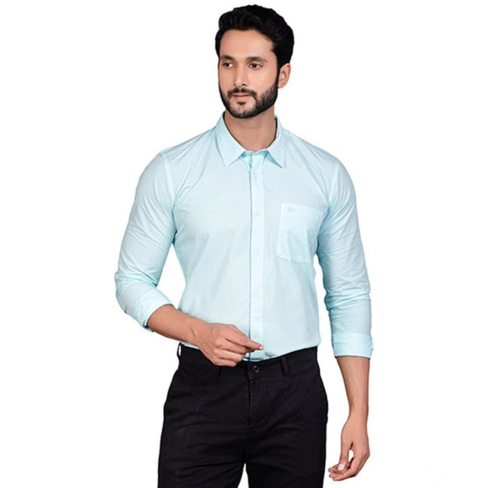 Turquoise cotton men's casual full sleeve solid shirt with mandarin collar