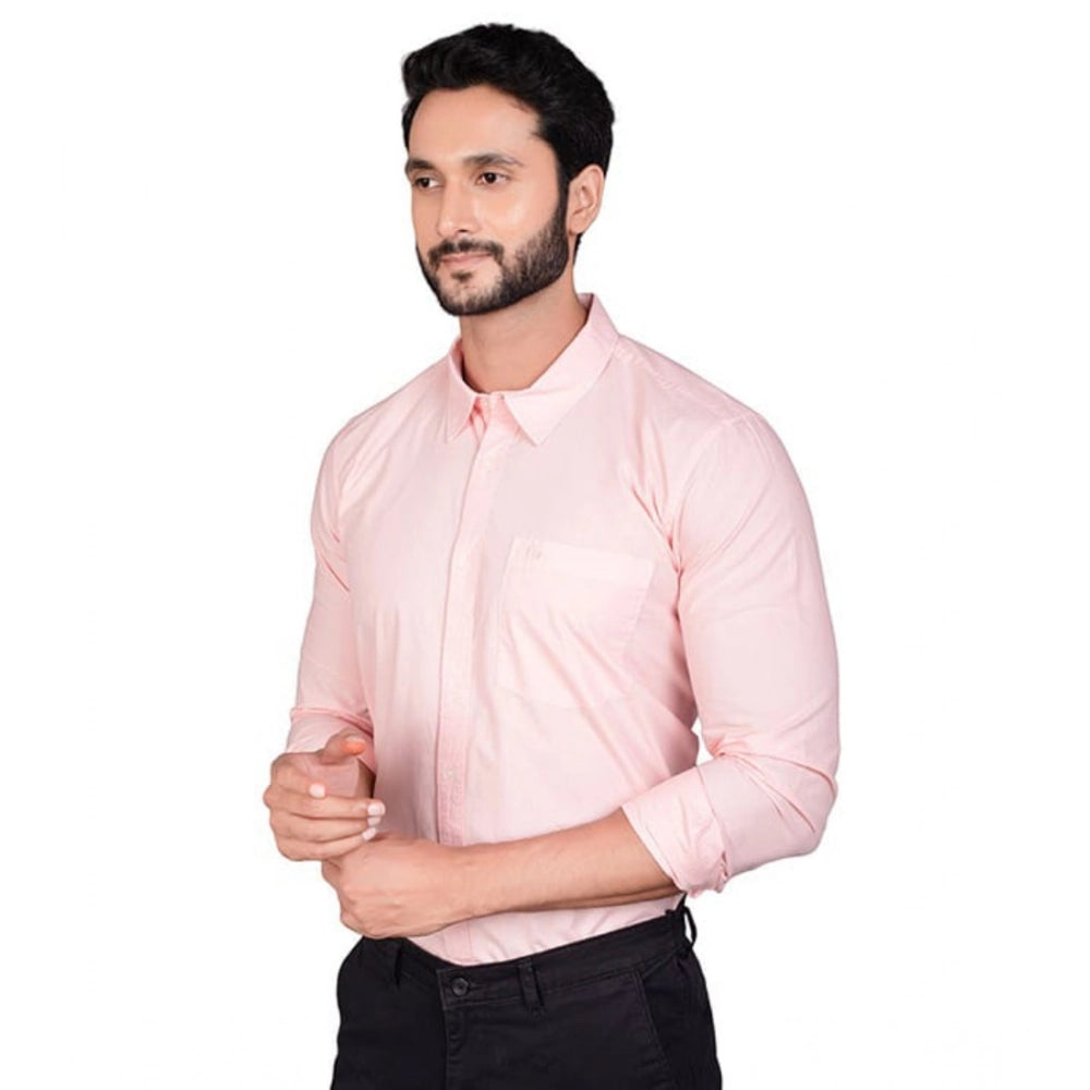 Peach cotton men's casual full sleeve solid shirt, comfortable for everyday wear