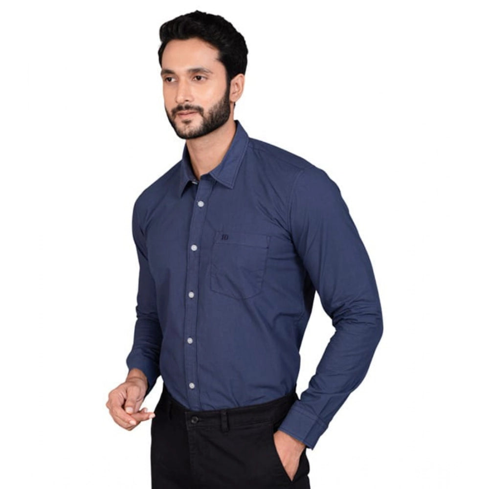 Navy men's casual cotton full sleeve solid shirt, comfortable for everyday wear with mandarin collar