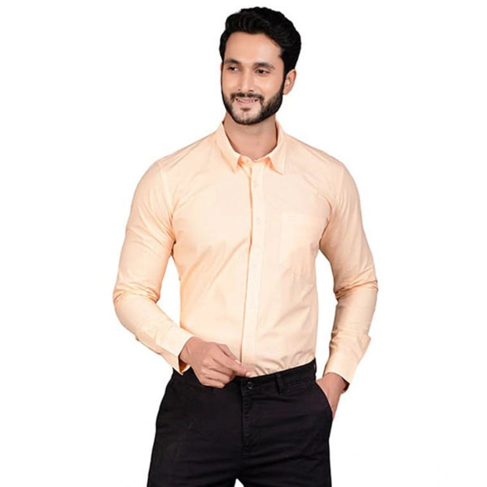 Peach cotton men's casual full sleeve solid shirt on hanger, close-up view