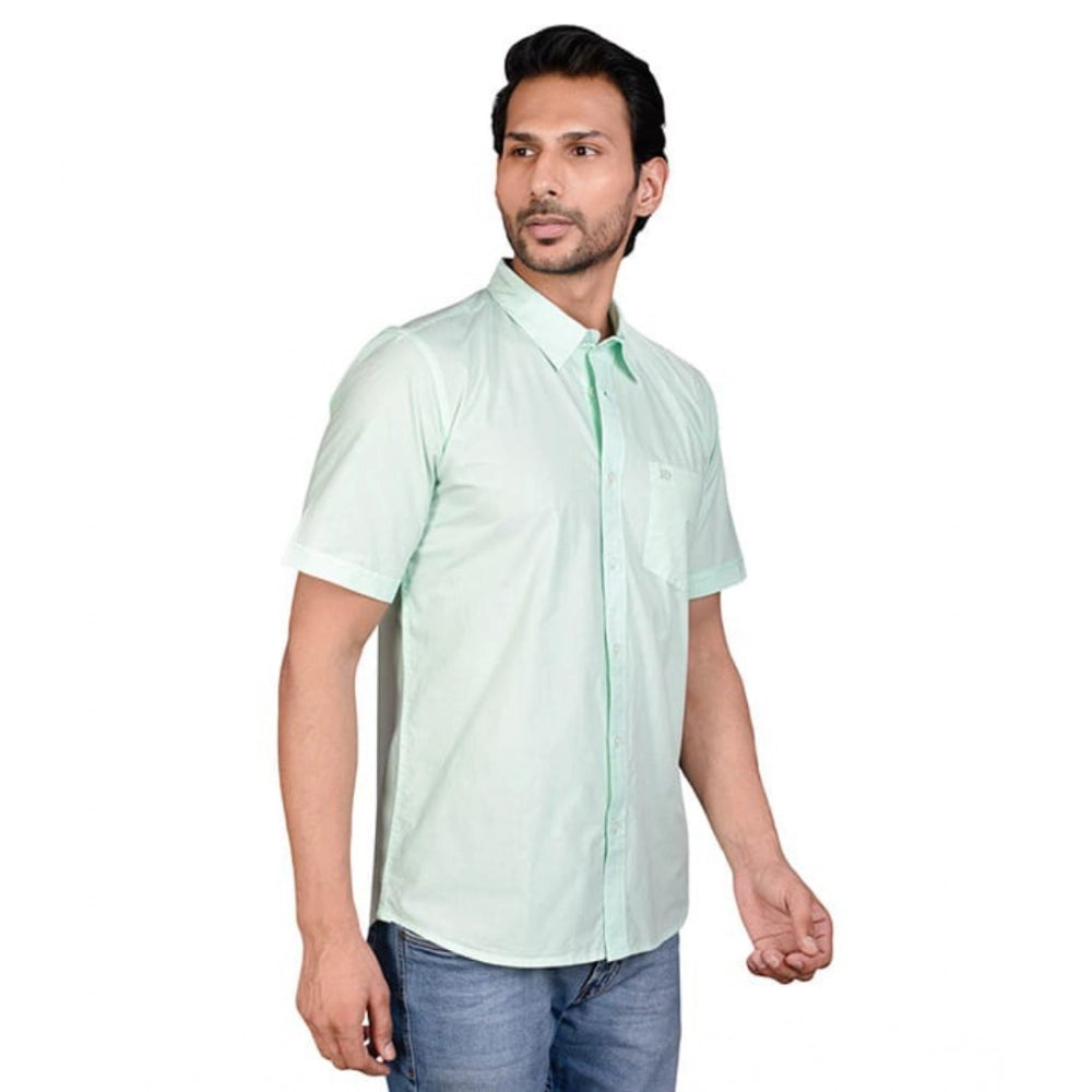 Sea Green cotton half-sleeve men's casual shirt with mandarin collar - solid pattern