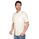 Lemon cotton half-sleeve casual shirt for men, solid design with mandarin collar