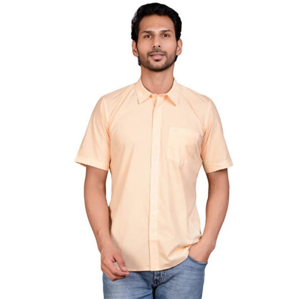 Peach cotton men's casual half-sleeve solid shirt with mandarin collar, perfect for relaxed wear
