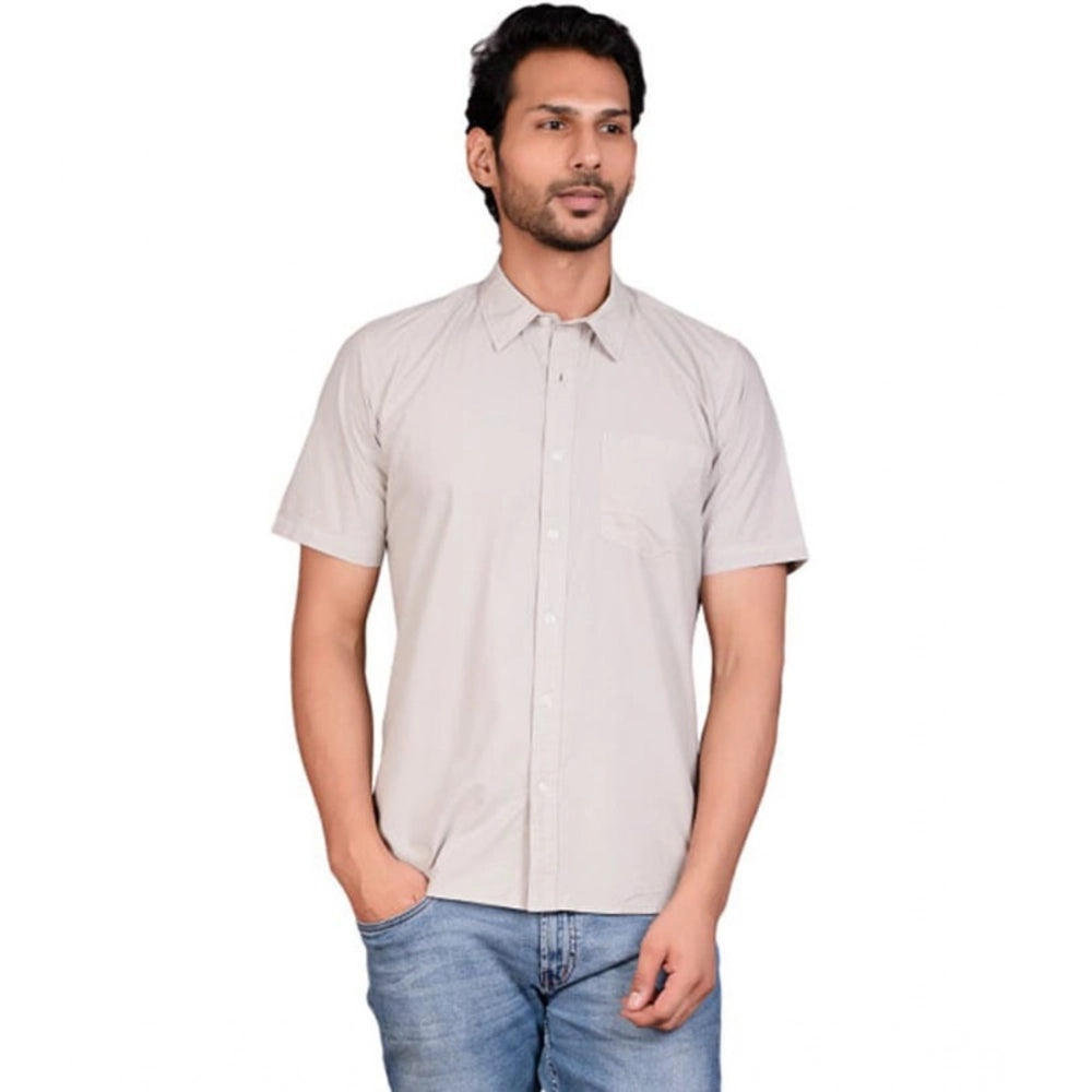 Grey cotton men's casual half-sleeve solid shirt on hanger, mandarin collar style