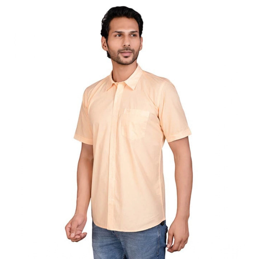 Peach cotton men's casual half-sleeve solid shirt, ideal for a relaxed, stylish look