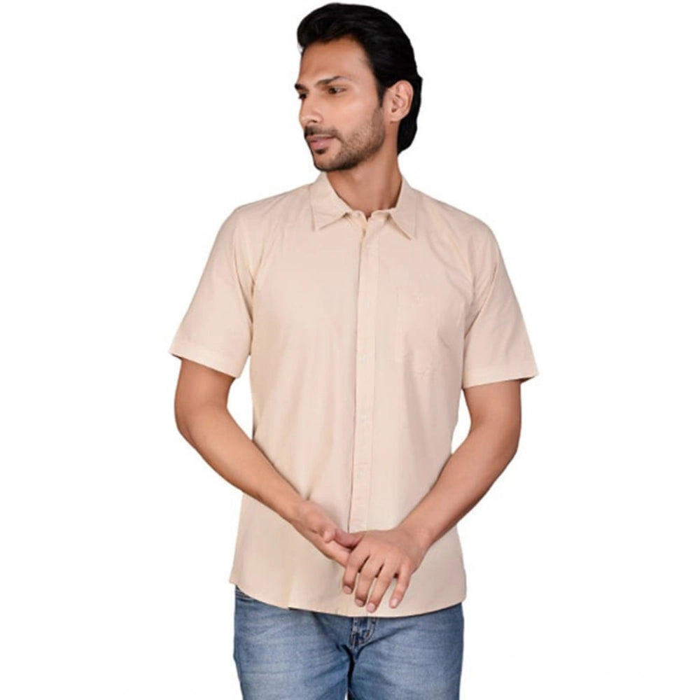 Beige cotton men's casual half-sleeve solid shirt with mandarin collar - versatile wardrobe essential