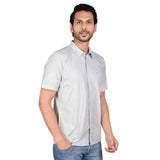 Grey cotton men's casual half-sleeve solid shirt on model, mandarin collar style
