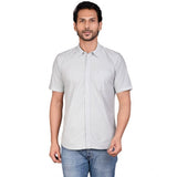 Grey cotton men's casual half-sleeve solid shirt, mandarin collar on hangar
