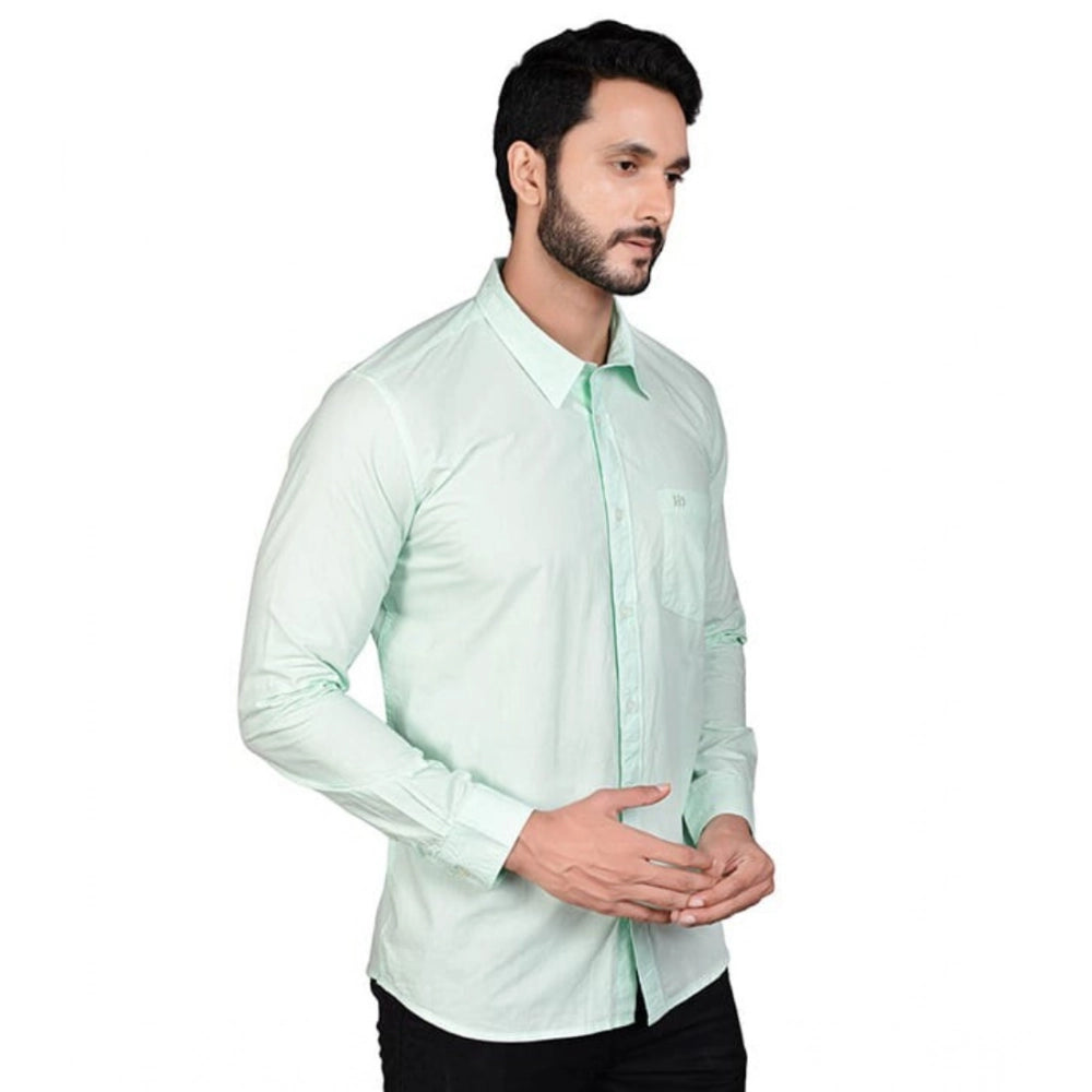 Sea Green Cotton Men's Casual Solid Full Sleeve Shirt with Mandarin collar on hanger