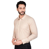 Beige cotton men's casual full sleeve solid shirt, ideal for relaxed events, mandarin collar style