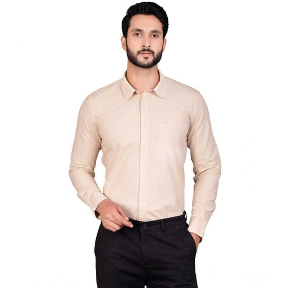 Beige cotton men's casual full-sleeve solid shirt, classic mandarin collar style for everyday wear