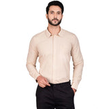 Beige cotton men's casual full-sleeve solid shirt, classic mandarin collar style for everyday wear