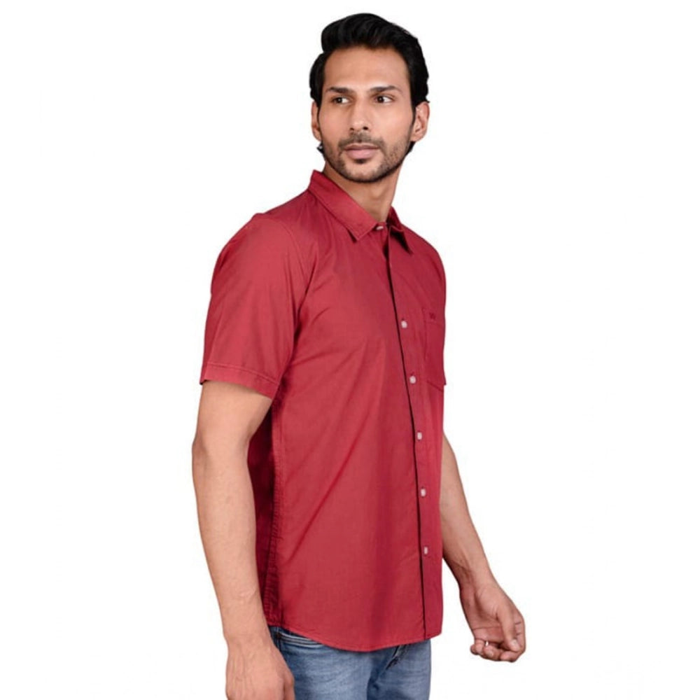 Red cotton men's casual half-sleeve solid shirt with mandarin collar, ideal for everyday wear