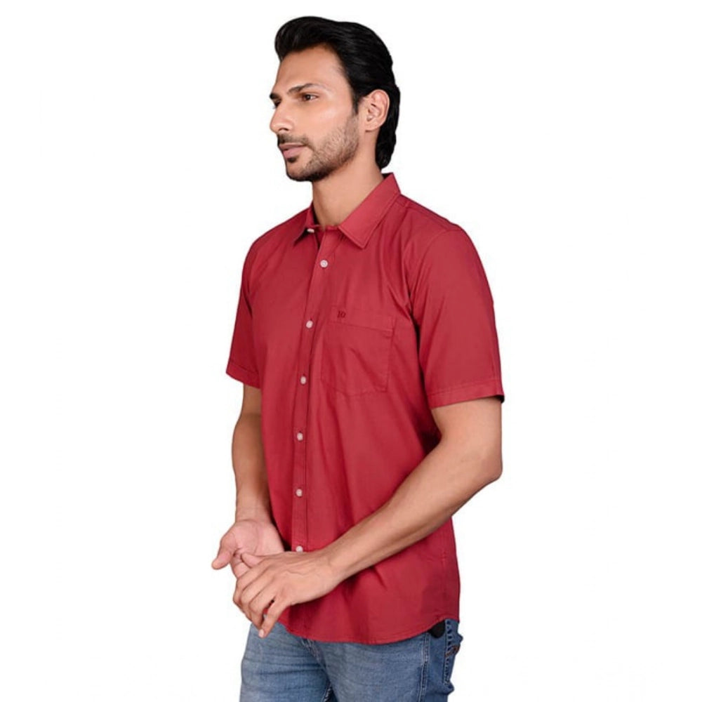 Red cotton men's casual half-sleeve solid shirt on hanger, mandarin collar style