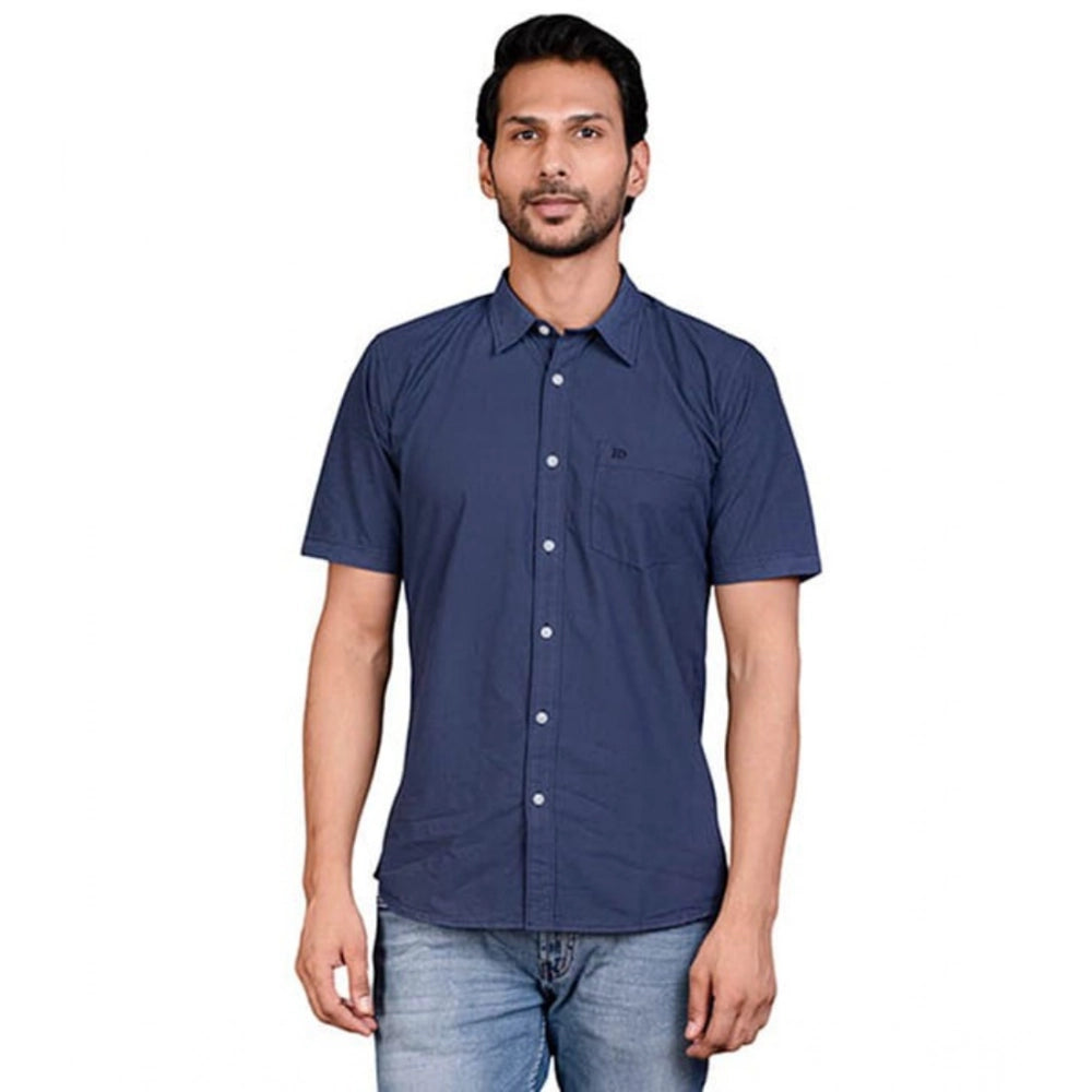 Navy cotton half-sleeve men's solid shirt on hanger, casual wear with mandarin collar