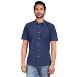 Navy cotton half-sleeve men's solid shirt on hanger, casual wear with mandarin collar