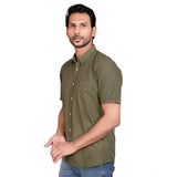 Green cotton men's casual half-sleeve solid shirt with mandarin collar - natural, comfortable fit for daily wear