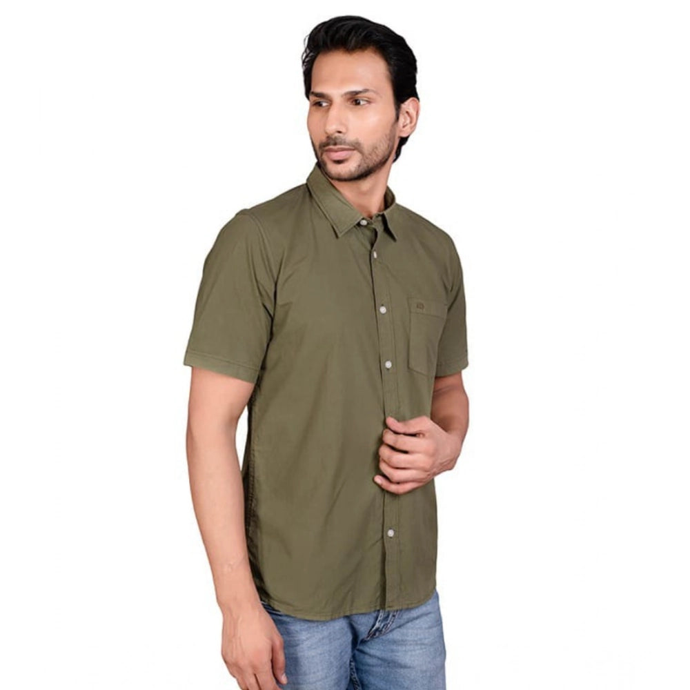 Green cotton men's casual half sleeve solid shirt with mandarin collar, perfect for relaxed occasions