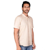 Men's casual cotton half sleeve solid beige shirt, comfortable fit for everyday wear with mandarin collar