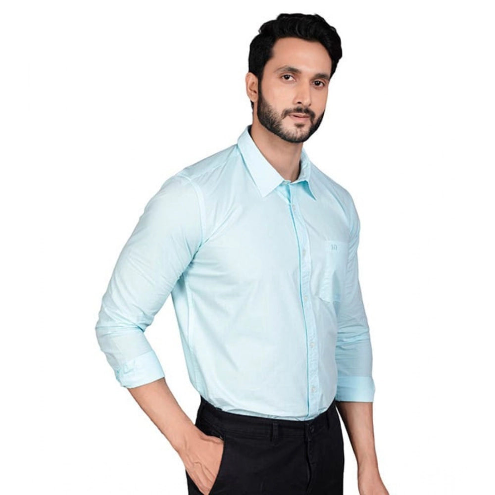 Turquoise cotton men's casual full sleeve solid shirt with mandarin collar