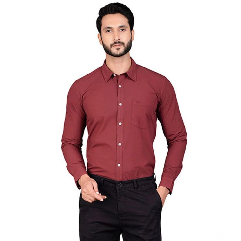 Maroon cotton men's casual solid full sleeve shirt with mandarin collar