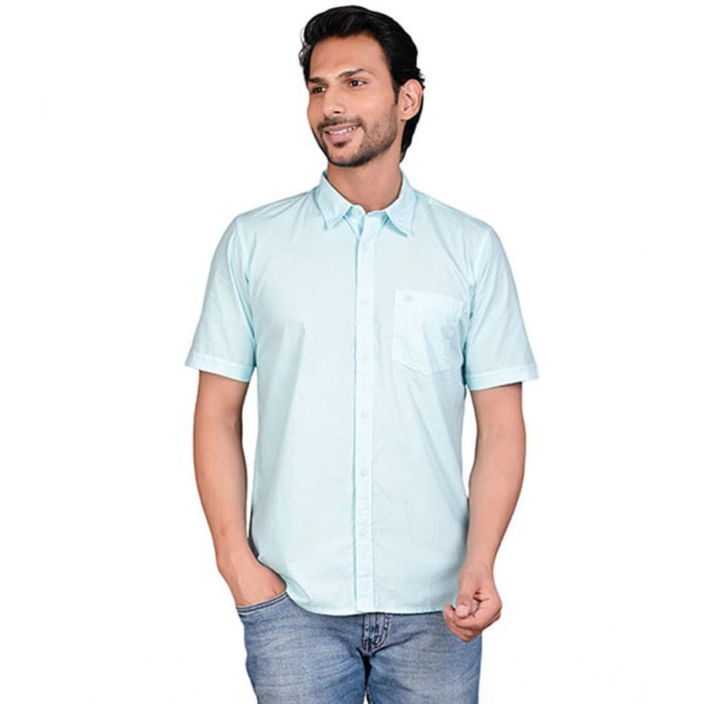 Turquoise cotton men's casual half-sleeve solid shirt on hanger