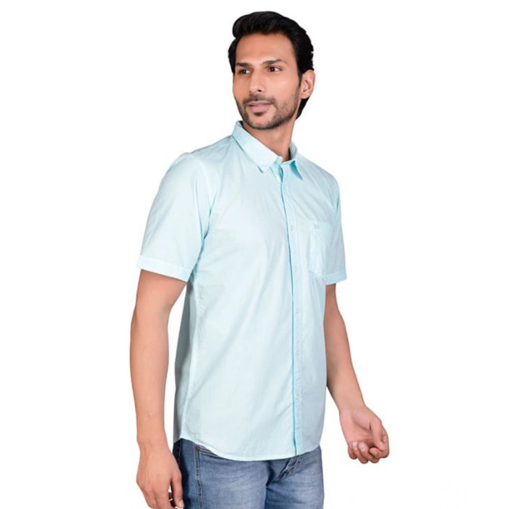 Turquoise cotton men's casual half-sleeve solid shirt - natural, comfortable style for everyday wear