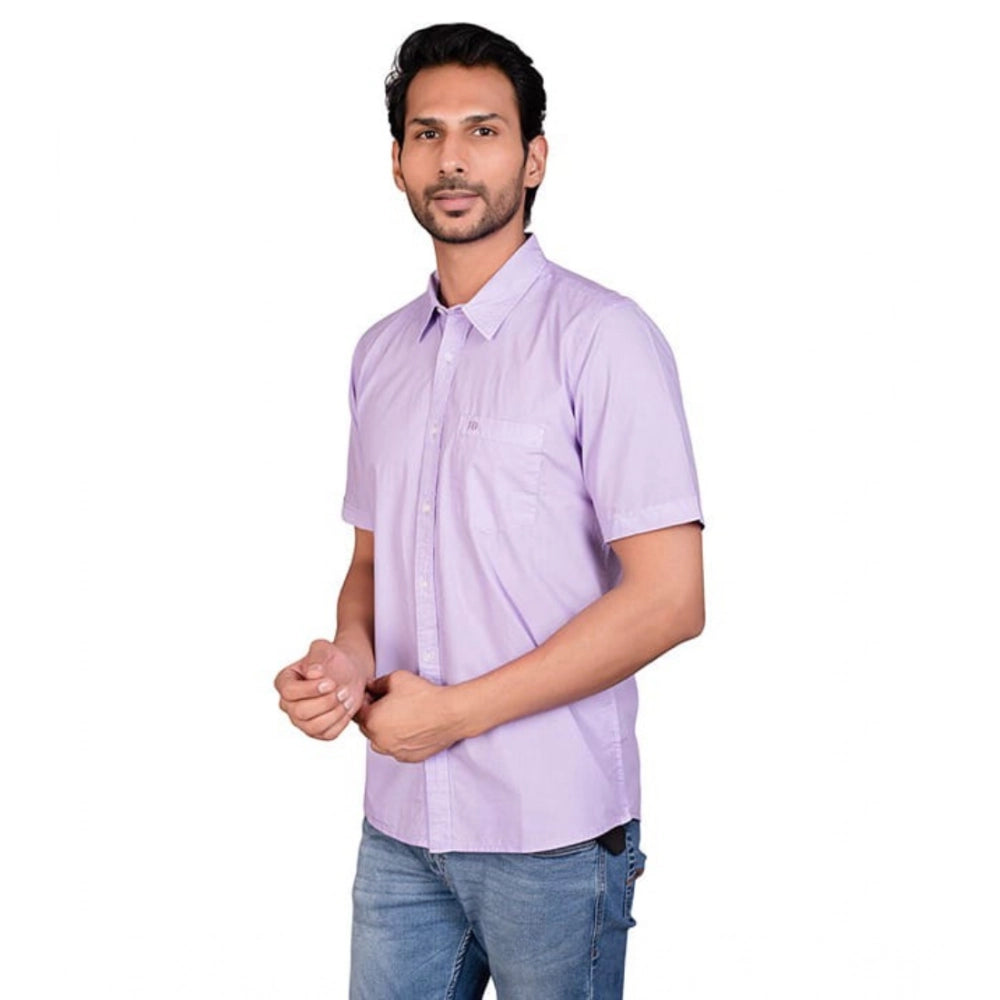 Purple cotton men's half sleeve solid shirt with mandarin collar - clothing accessory for casual wear